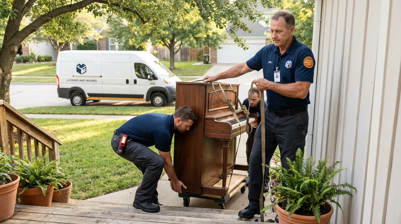 Licensed piano movers securing grand piano in Toa Alta, PR